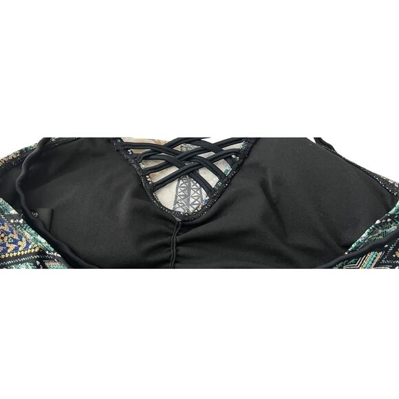 AMBRIELLE SWEETHEART NECKLINE TANK TOP, WOMENS, M, GREEN GOLD WHITE ABSTRACT - Picture 5 of 9